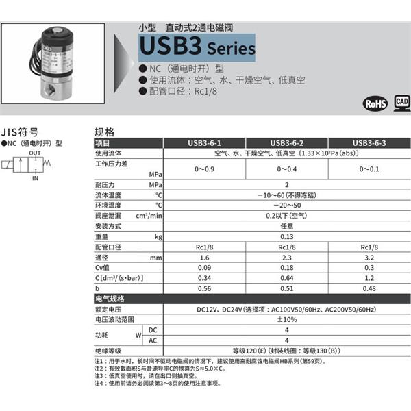 CKD喜開理多種流體小型直動式2通電磁閥USB3-6-1-E-DC24V