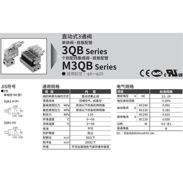 CKD喜開理直動式3通電磁閥3QB110-M5-C20H-3