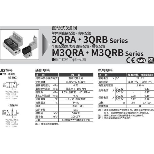 CKD喜開理直動式3通電磁閥3QRA119-M5-D2-4