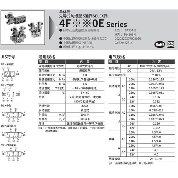 CKD喜開理先導式防爆型5通閥4F740E-25-TP-P-X-AC100V